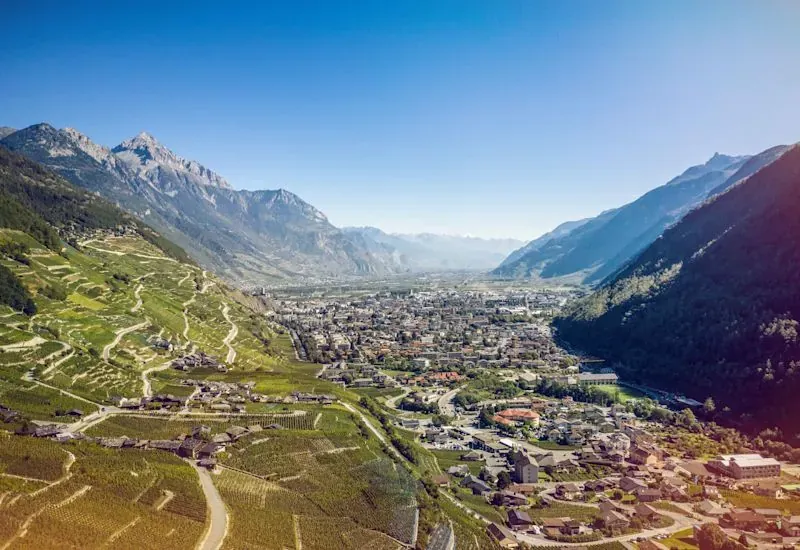 Martigny et le coude du Rhône vus des vignes