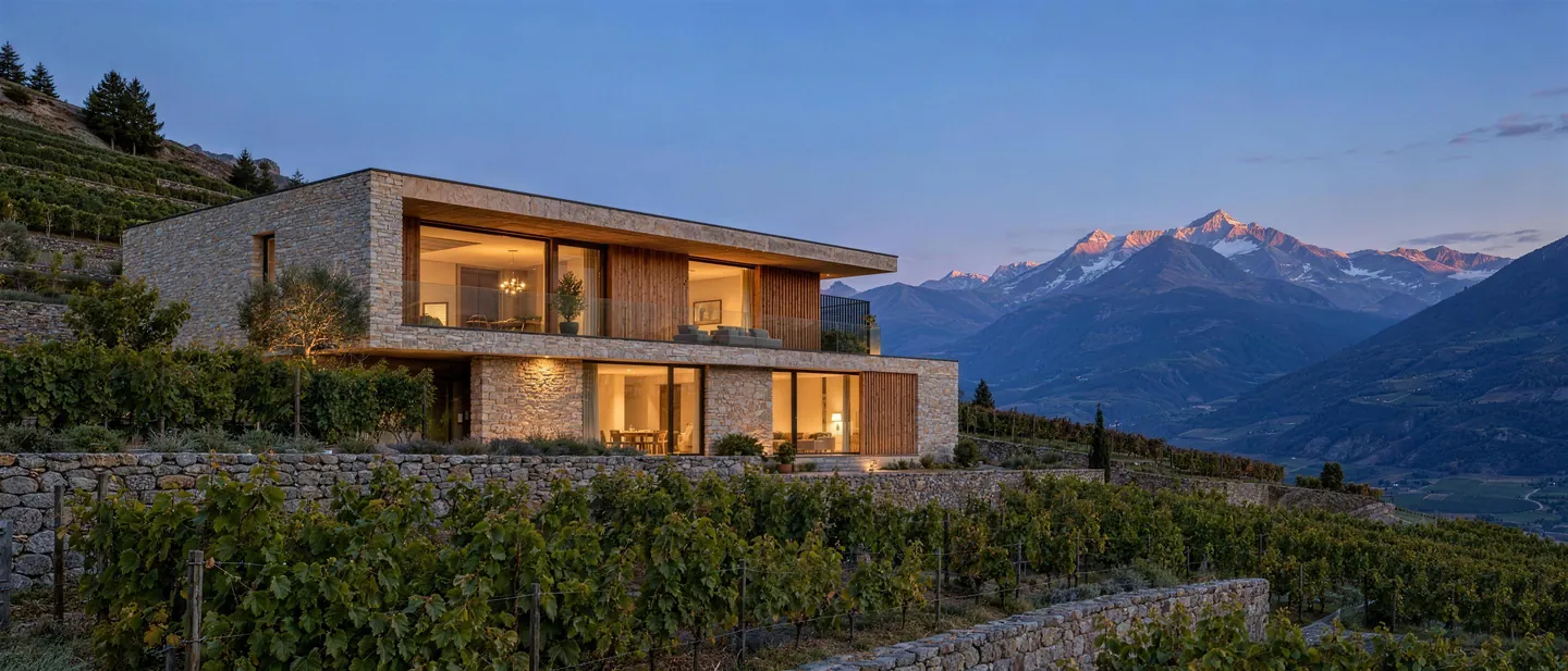 Villa en pierre et mélèze au crépuscule, au milieu des vignes du Valais