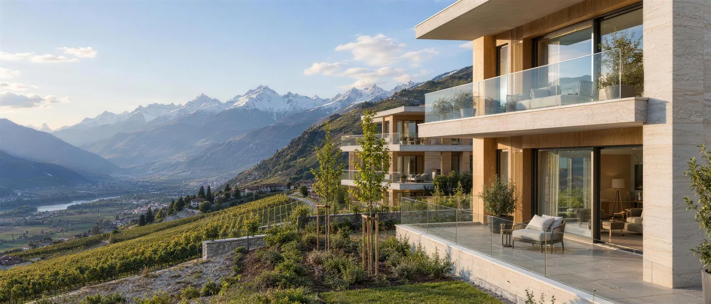 Villa contemporaine aux terrasses vitrées, au-dessus des vignes, face aux Alpes valaisannes